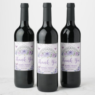 Étiquette Pour Bouteilles De Vin Princesse florale violette Lilac Couronne Quinceañ