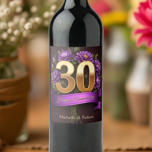 Étiquette Pour Bouteilles De Vin Purple Peony Bouquet Gold 30e anniversaire Mariage
