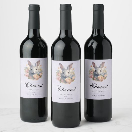 Étiquette Pour Bouteilles De Vin Rabbit Surrounded by Pastel Flowers Cute Cheers (Bouteilles)