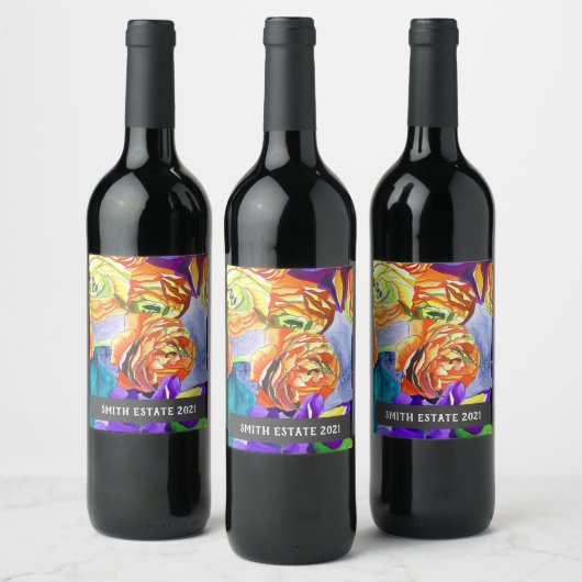 Étiquette Pour Bouteilles De Vin Ranunculus Iris aquarelle fleurie art vin étiquett (Bouteilles)