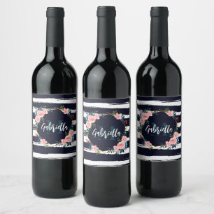 Étiquette Pour Bouteilles De Vin Rayures Et Monogramme De Cadre Floral