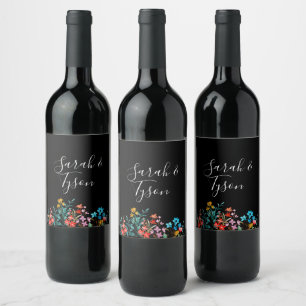 Étiquette Pour Bouteilles De Vin Réception de mariage floral minimaliste noir avec
