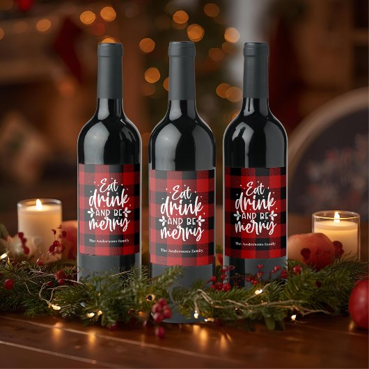 Étiquette Pour Bouteilles De Vin Red Buffalo Plaid “Eat, Drink & Be Merry”