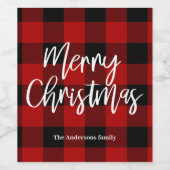 Étiquette Pour Bouteilles De Vin Red Buffalo Plaid & Joyeux Noël |Nom personnel (Étiquettes simples)