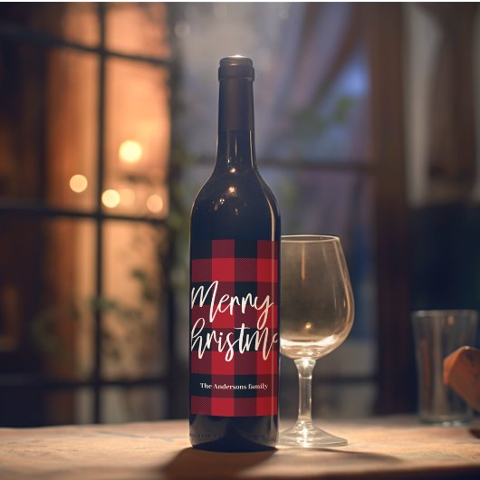 Étiquette Pour Bouteilles De Vin Red Buffalo Plaid & Joyeux Noël |Nom personnel