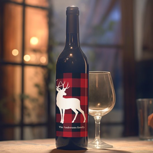 Étiquette Pour Bouteilles De Vin Red Buffalo Plaid & White Deer | Nom personnel