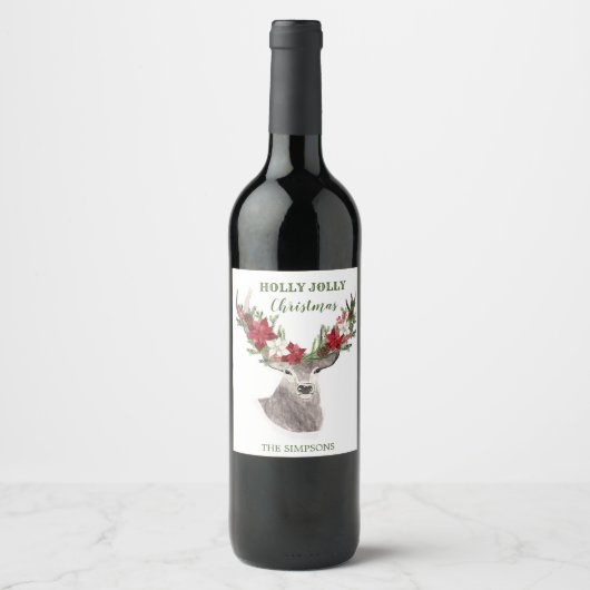Étiquette Pour Bouteilles De Vin Reindeer, Noël Poinsettia (Devant)