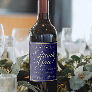 Étiquette Pour Bouteilles De Vin Remerciements de mariage en or sur fond bleu marin