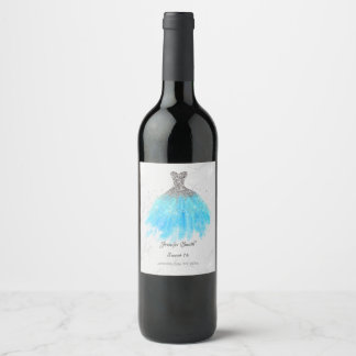 Étiquette Pour Bouteilles De Vin Robe bleue argent parties scintillant sweet sixtee