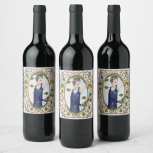 Étiquette Pour Bouteilles De Vin Robe bleue Vintage années 1920 Flapper Art Déco fe