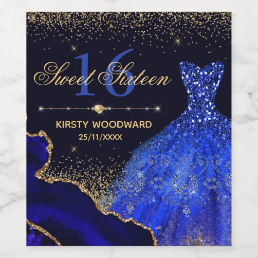 Étiquette Pour Bouteilles De Vin Robe et agate de parties scintillant bleu Aquarell (Étiquettes simples)