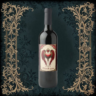 Étiquette Pour Bouteilles De Vin Romance vintage avec un coeur et des ailes.