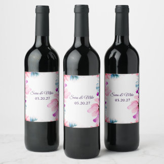 Étiquette Pour Bouteilles De Vin Romantic Blush & Blue floral Wedding Invitation