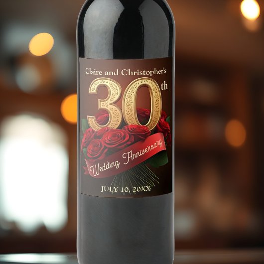 Étiquette Pour Bouteilles De Vin Romantique Red Roses Gold 30e anniversaire Mariage