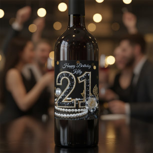 Étiquette Pour Bouteilles De Vin Rose blanche diamant noir et or 21e anniversaire