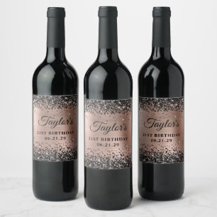 Étiquette Pour Bouteilles De Vin Rose Gold Pailleté Noir Anniversaire 21 Ans