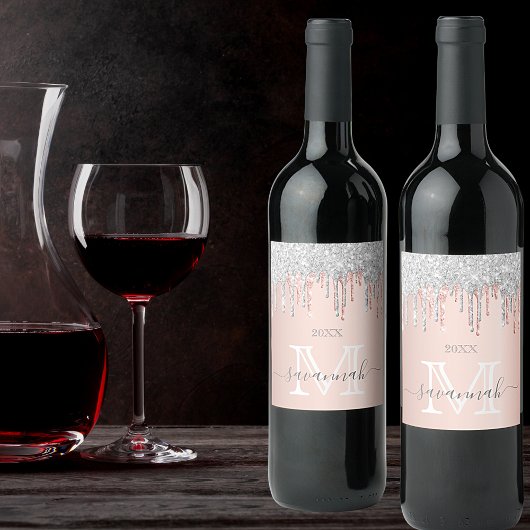 Étiquette Pour Bouteilles De Vin Rose or parties scintillant rose argent brillant m