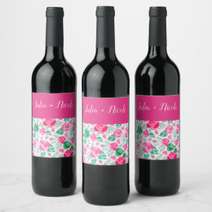 Étiquette Pour Bouteilles De Vin Rose Vert Rose Pétales Fleurs Jardin Mariage