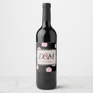 Étiquette Pour Bouteilles De Vin Roses de chou rose et Mariage de dentelle noire