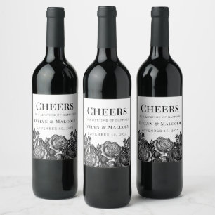 Étiquette Pour Bouteilles De Vin Roses noires et blanches Mariage gothique
