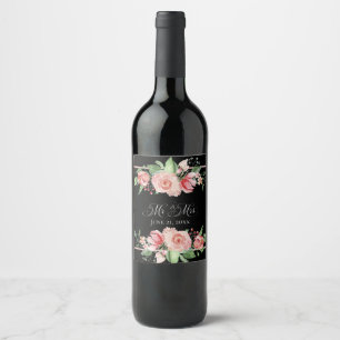 Étiquette Pour Bouteilles De Vin Roses roses sur Floral noir M & Mme Mariage