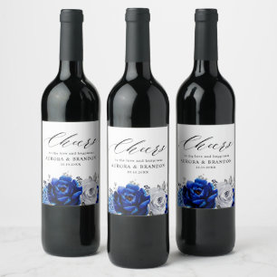 Étiquette Pour Bouteilles De Vin Royal Bleu Blanc Argent Métallo Mariage Floral