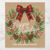 Étiquette Pour Bouteilles De Vin Rustic Holly Wreath Red Black Checkered Bow (Étiquettes simples)
