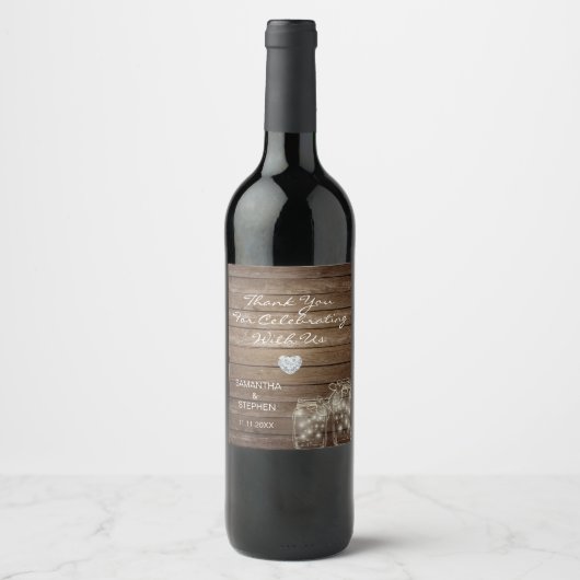 Étiquette Pour Bouteilles De Vin Rustic Wood Country Mason Jars Mariage de coeur (Devant)