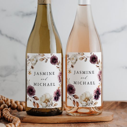 Étiquette Pour Bouteilles De Vin Rustique Automne Marsala Floral Mariage Wreath