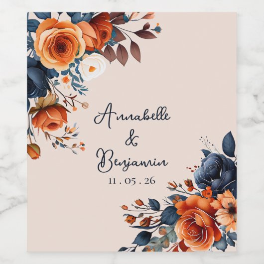Étiquette Pour Bouteilles De Vin Rustique Burnt Orange et Mariage bleu (Étiquettes simples)