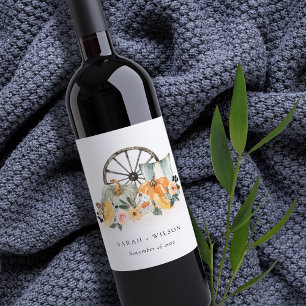 Étiquette Pour Bouteilles De Vin Rustique Citrouille de chute Mariage de roue flora