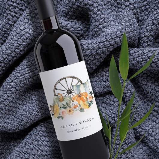 Étiquette Pour Bouteilles De Vin Rustique Citrouille de chute Mariage de roue flora