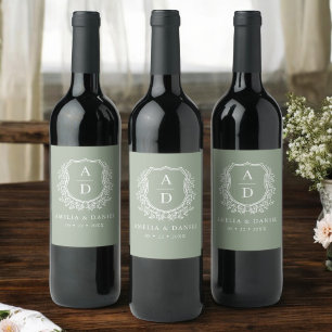 Étiquette Pour Bouteilles De Vin Sage Green Crest Moderne Monogramme Mariage