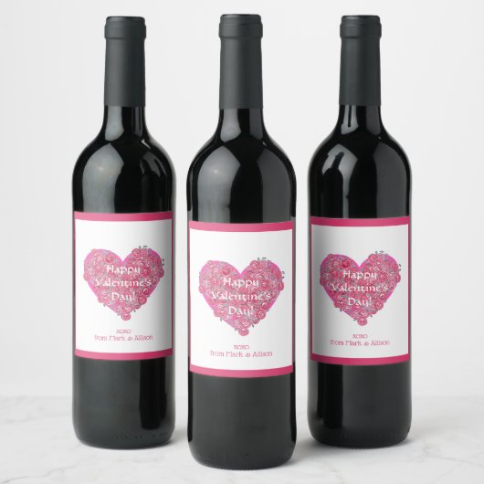 Étiquette Pour Bouteilles De Vin Saint Valentin Coeur et fleurs (Bouteilles)
