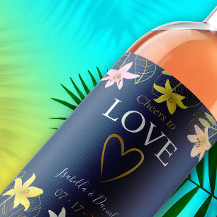 Étiquette Pour Bouteilles De Vin Salut à l'amour Tropical Floral Blue Mariage Turqu
