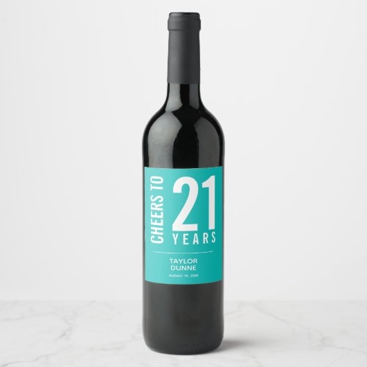 Étiquette Pour Bouteilles De Vin Salutations à 21 ans Turquoise (Devant)