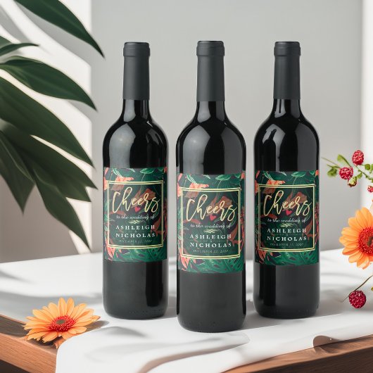 Étiquette Pour Bouteilles De Vin Salutations À La Mariage Tropical Floral Gold Fram