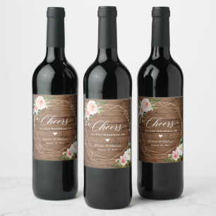 Étiquette Pour Bouteilles De Vin Salutations Au Mariage Rustique Bois Blush Floral