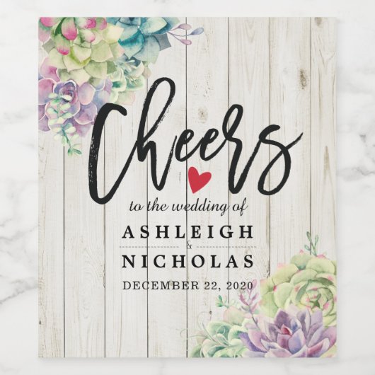 Étiquette Pour Bouteilles De Vin Salutations Au Mariage Succulent Plante Bois Rusti (Étiquettes simples)