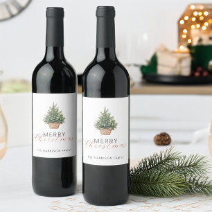 Étiquette Pour Bouteilles De Vin Sapin de Noël rustique dans un panier