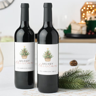 Étiquette Pour Bouteilles De Vin Sapin de Noël rustique dans un panier