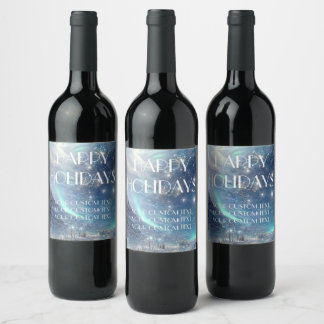 Étiquette Pour Bouteilles De Vin Scène hivernale des aurores boréales Joyeuses Fête