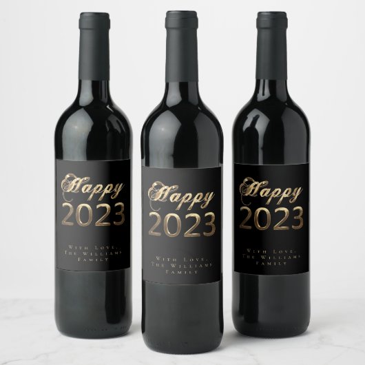 Étiquette Pour Bouteilles De Vin Script chic Noir et or Bonne année 2023 (Bouteilles)