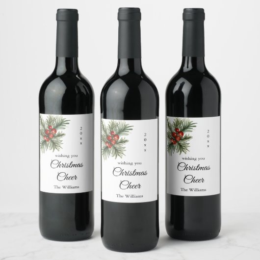 Étiquette Pour Bouteilles De Vin Script Christmas Cheval Branch avec baies (Bouteilles)