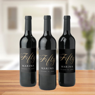 Étiquette Pour Bouteilles De Vin Script de nom en or noir 50e anniversaire