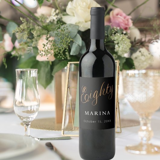 Étiquette Pour Bouteilles De Vin Script de nom en or noir 80e anniversaire