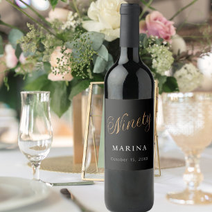 Étiquette Pour Bouteilles De Vin Script de nom en or noir 90e anniversaire