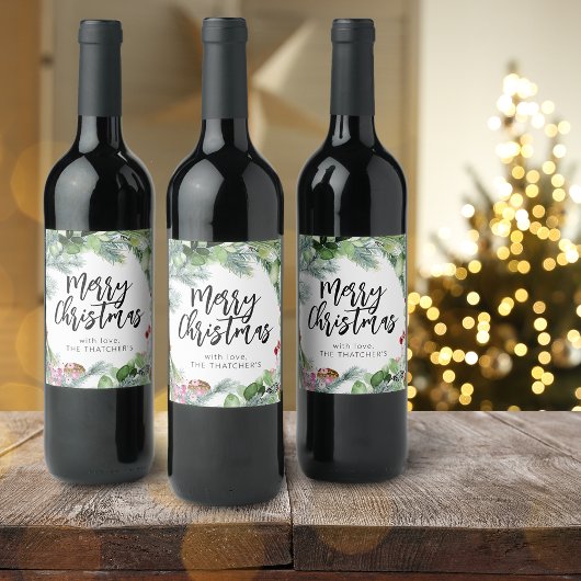 Étiquette Pour Bouteilles De Vin Script Joyeux Noël Aquarelle Verdure