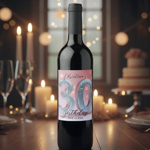 Étiquette Pour Bouteilles De Vin Séquin rose et argent chic glamour 30 Anniversaire