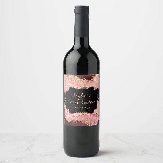 Étiquette Pour Bouteilles De Vin Séquins noirs et roses Agate Sweet sixteen (Devant)